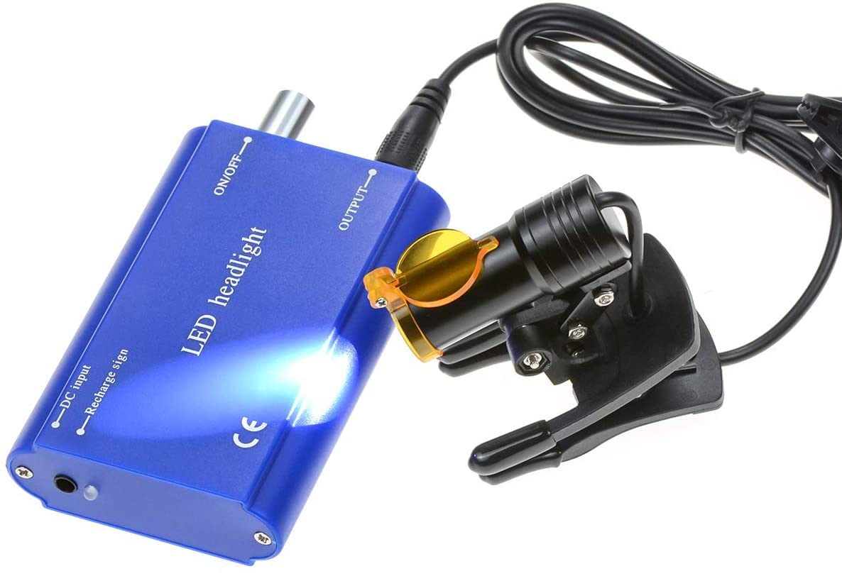Mike Dental 5W Portable LED Dental Headlight Clip On LED light Plastic Clip Headlamp with Filter For Binocular Loupes+ Latest Type Plastic Carry On Battery (Blue)