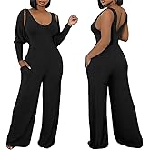 Women's Casual 2 Piece Outfits Ribbed Knitted Batwing Long Sleeve Cardigan Tank Wide Leg Jumpsuits Sets With Pocket