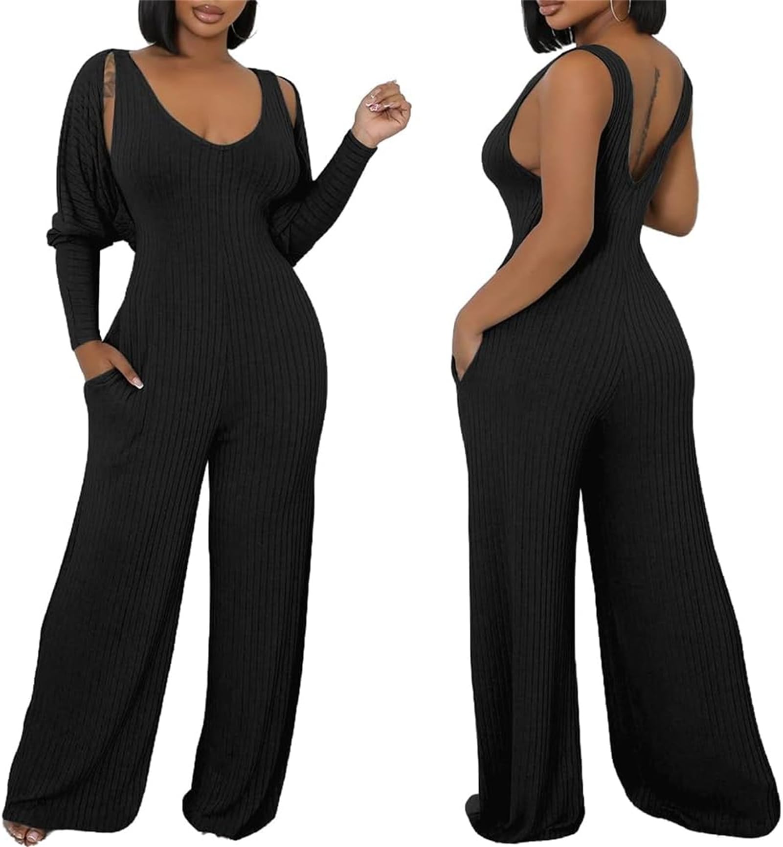 Photo 1 of Women's Casual 2 Piece Outfits Ribbed Knitted Batwing Long Sleeve Cardigan Tank Wide Leg Jumpsuits Sets With Pocket