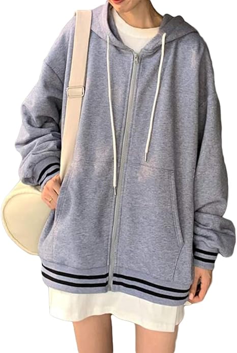 Amazon Qyyパーカー レディース フード付き ジップアップ ゆったり 無地 ジップパーカー スウェット シンプル トレーナー カジュアル 通学 アウター ファッション フルジップ グレー トレーナー パーカー 通販