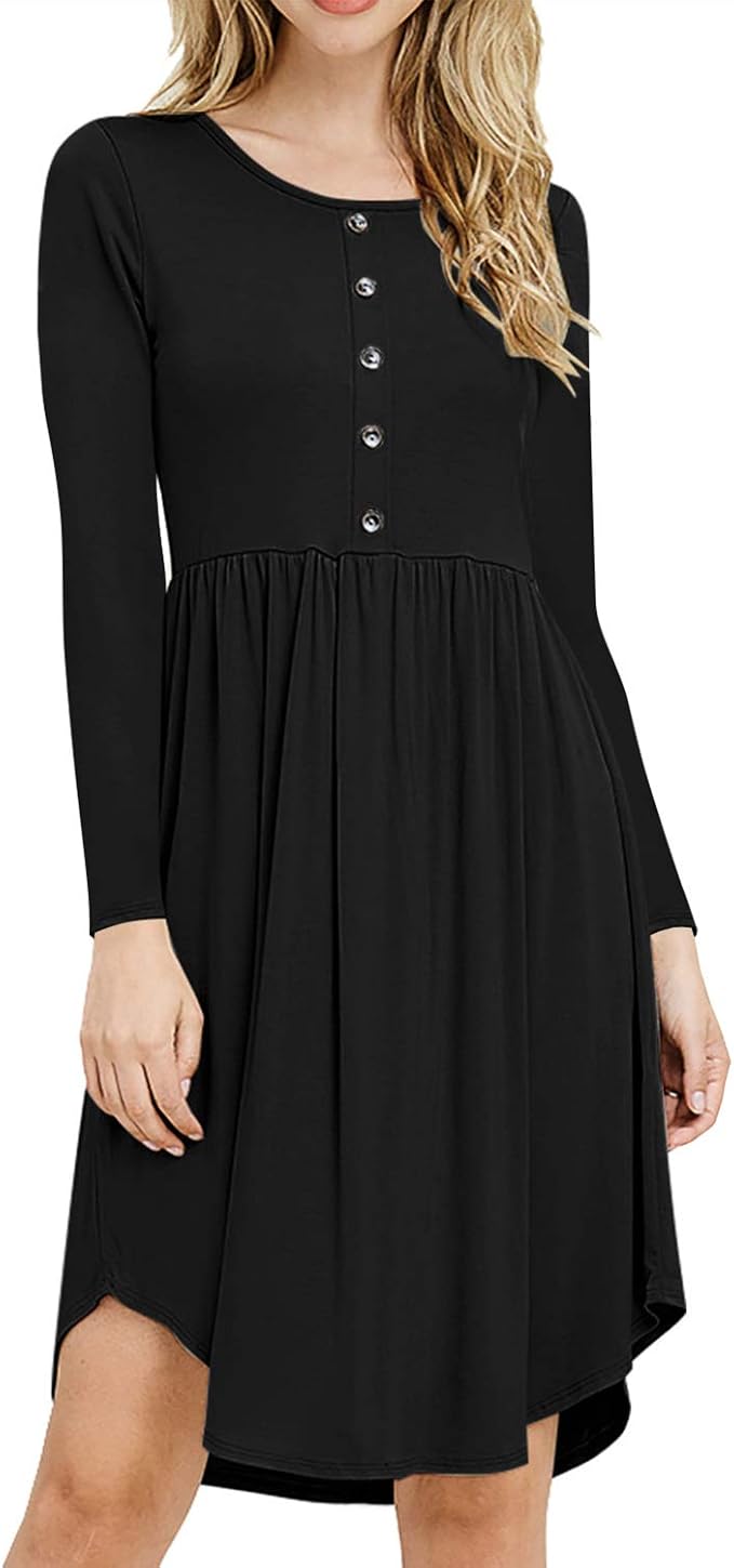 Womens Solid Color Round Neck Long Sleeve ALine Midi Skater Dress(Red