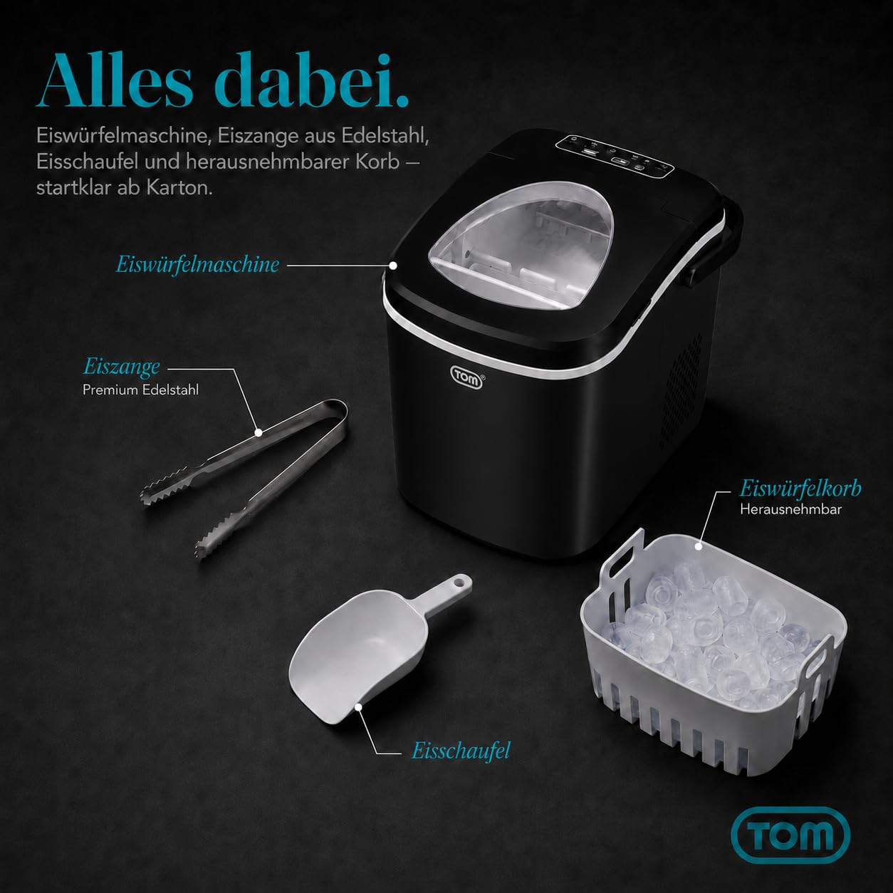 TOM Eiswürfelmaschine – 9 Eiswürfel in 6-8 min – 12 kg/24 h – 2 Würfelgrößen – Ice maker Eiswürfelmacher mit 1,3 l Wassertank – LED-Display – Inkl. Zubehör & Eiszange als Geschenk – Eiswürfelmaschine 6