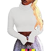 Artfish Women Long Sleeve Turtleneck Crop Tops Neon Ribbed Half Tight Cropped Sweaters Pullovers