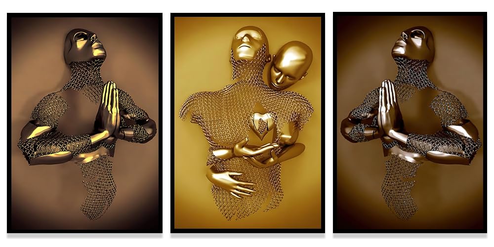 WADBTP Modern Art Metal Figure Canvas Painting Poster, Metal 3D Sculpture Effect, Romantic Lovers Hug Home Poster Set, Frameless (Style 7, 20X30CM*3)