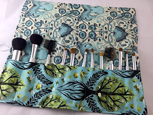 Makeup Brush Roll Holder Case Bag Organizer Cosmetic Brush Organizer Roll - Tula Pink Tree of Life in Pool Blue