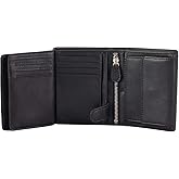 DiLoro Mens Wallet RFID Blocking Genuine Full Grain Leather Bifold Wallet with Flip ID Coin and Secure Zip Compartment Extra Large (Black Nappa)