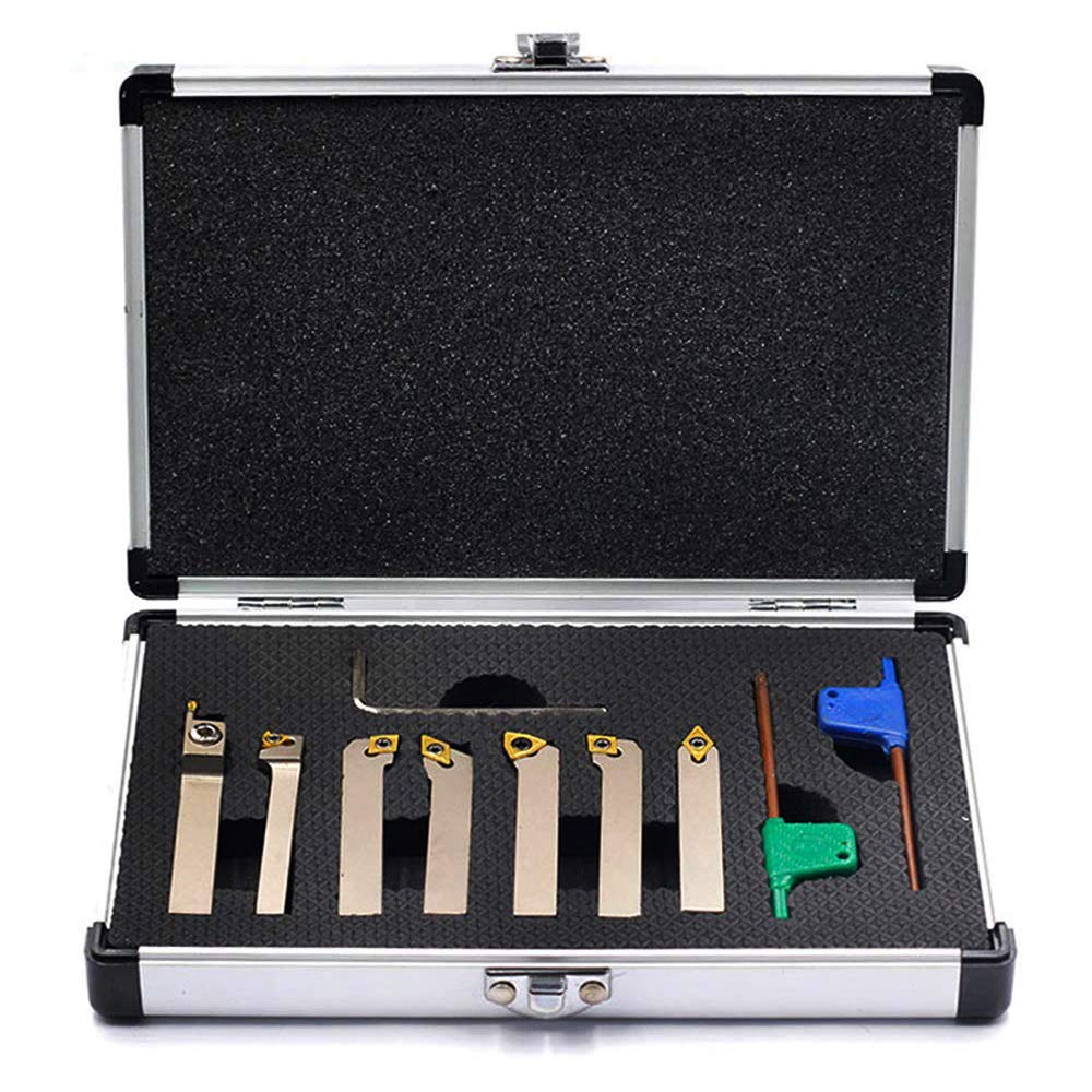 OSCARBIDE 1/4" Shank 7 Pcs/Set Nickel Plated Indexable Lathe Turning Tool Holder,CNC Heavy-Duty Metal Lathe Tools for Turning Grooving Threading Cut Off Holders Set,Tin Coated Carbide Inserts