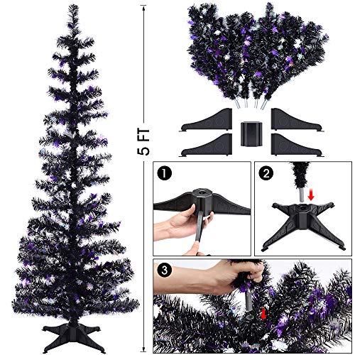 Halloween Tinsel Trees Collapsible, 5FT Artificial Christmas Tree Reusable, Pop Up Pencil Xmas Tree with Plastic Stand Outdoor Indoor for Home Decoration, Office, Party, Apartment, Fireplace-Spider - Thumbnail 3