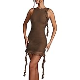 Essrite Womens Summer Sleeveless Crewneck Mesh Frills Ruffle Mini Bodycon Dresses Party Dress