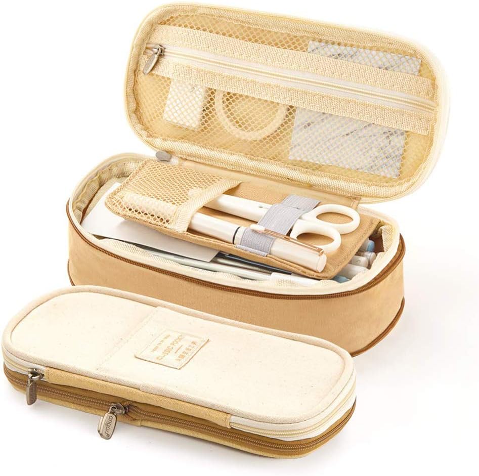 Large Capacity Pencil Case Durable School Student Pen Holder Organizer Stationery Makeup Cosmetic Pouch for Girls, 20x9cm (Khaki)