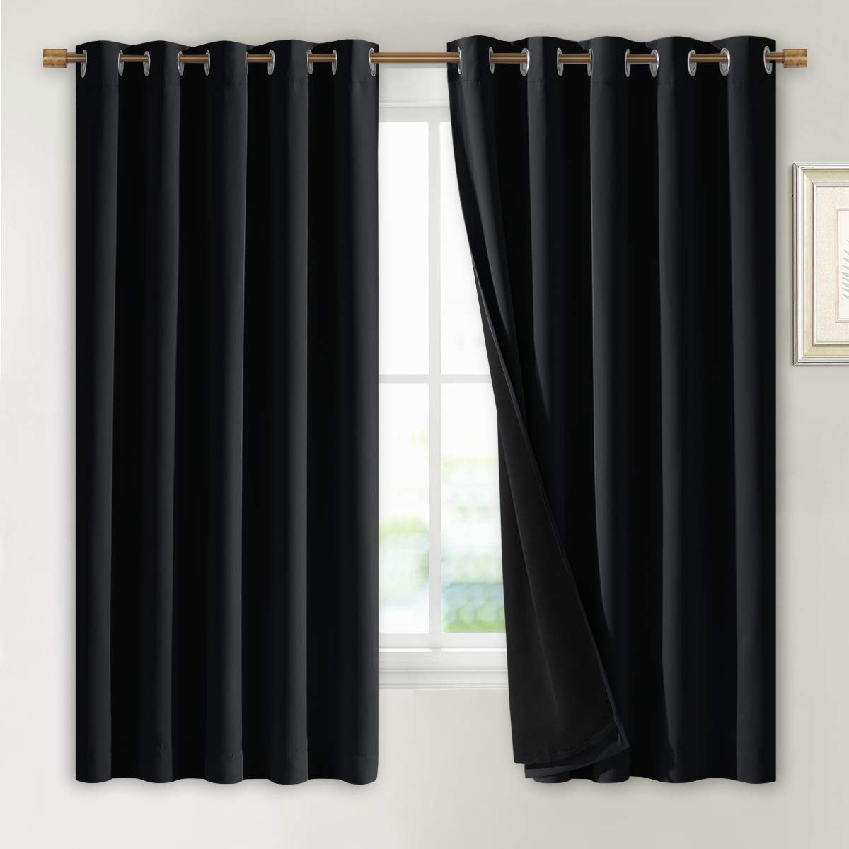 Photo 1 of NICETOWN Complete 100% Blackout Curtains, Thermal Insulated & Energy Efficiency Window Draperies with Black Liner, Noise Reducing Short Curtains for Kids Room (Black, 70-inch W by 63-inch L, 2 Panels)