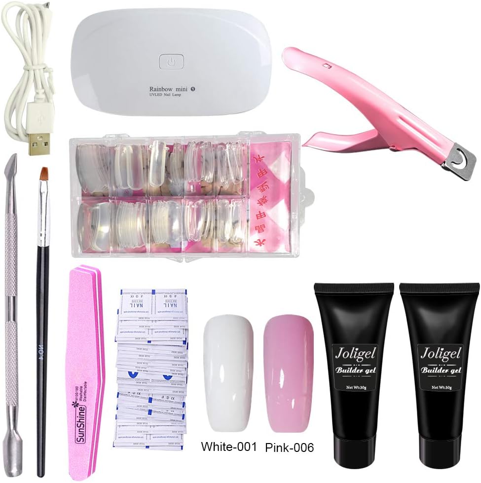 Joligel Polygel Nail Starter Kit With UV/LED Lamp, 2 Colors Gel + Nail Extension Forms Tips + 3-Way Tip Clipper + Cuticle Pusher + Brush + Buffer + Remover Wraps (White & Pink for French Manicure)