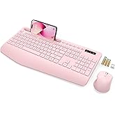 SABLUTE Wireless Keyboard and Mouse, Wrist Rest, Phone Holder, Batteries Included, 2.4G Lag-Free Ergonomic Keyboards Mouse Combo, Silent Keyboard Cordless Set for Computer, Laptop, PC, Windows, Pink