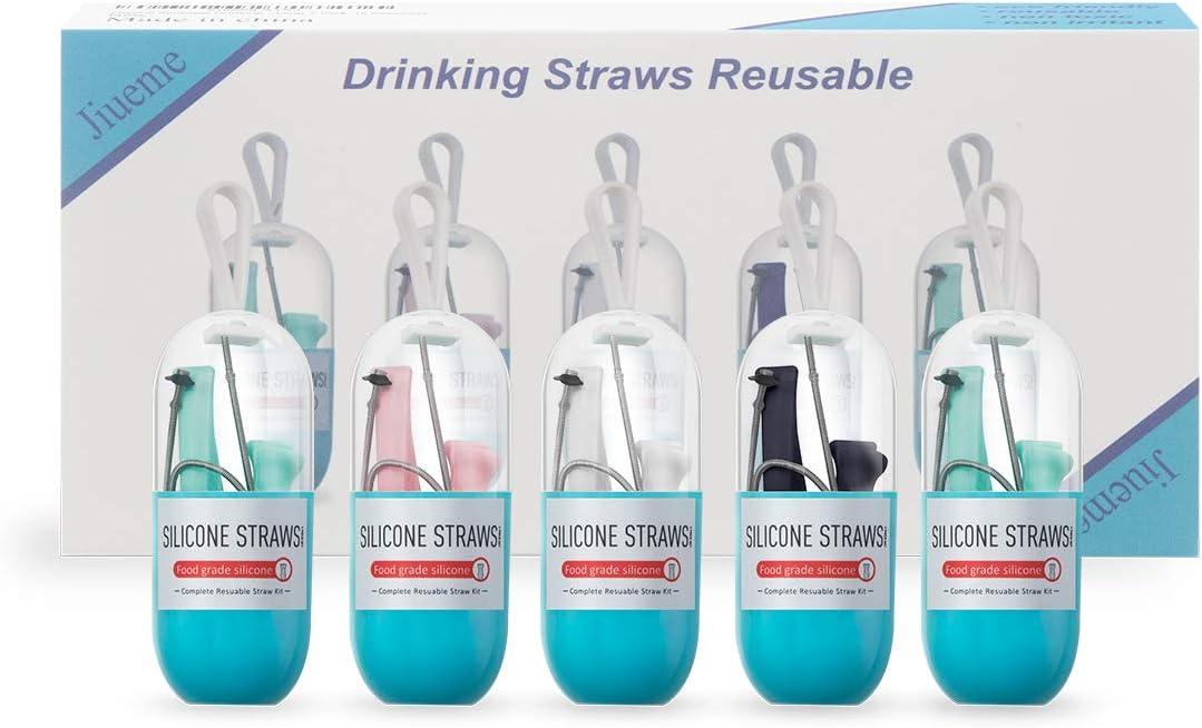Silicone Reusable Drinking Straws, 5 Collapsible Straws with 5 Carrying Cases and 5 Cleaning Brushes, BPA Free, FDA Approved, Upgraded 9.8 inch Straws for 30&20 oz Yeti Tumbler, 5 Pack, 15 Pieces Set