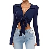 Lacozy Womens Sexy Going Out Crop Top Front Tie Bell Sleeve Wrap Shirt Cute Shawl V Neck Blouse Cardigan