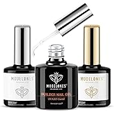 modelones Builder Nail Gel with Gel Top Coat, 3Pcs Clear Builder Nail Kit for Thickening Apex Building Extension Rhinestone Gel Tips Glue, U/V LED Lamp Cured for Home DIY Salon Girls