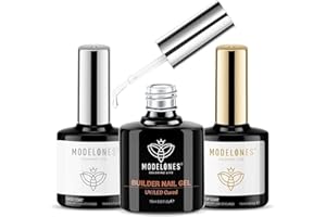 modelones Builder Nail Gel with Gel Top Coat, 3Pcs Clear Builder Nail Kit for Thickening Apex Building Extension Rhinestone Gel Tips Glue, U/V LED Lamp Cured for Home DIY Salon Girls
