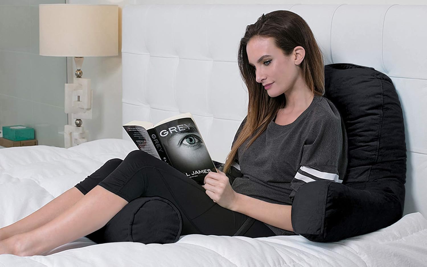 Britimes Reading Pillow with Arms, Pockets, Neck Roll and Memory Foam, Perfect for Back Support, Backrest Pillows for Sitting in Bed, Floor or Sofa, Black: Kitchen & Dining