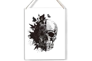 FREHVN Vintage Floral Skull Wood Sign Black Skull Wooden Signs Rustic Hanging Plaque Home Wall Art "8 x 10" Perfect Skull Sign Wall Decor for Home Living Room Bedroom