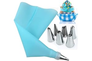 JupVierge Blue Piping Bags and Tips Cake Decorating Supplies Kit, 1 Reusable Silicone Pastry Bag with 6 Stainless Steel Nozzl