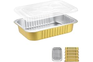 MESTAEK 11"x 8" Sturdy Aluminum Foil Pans + Lids (5 Pack), 2X Thicker Heavy Duty for Oven, Grill, Microwavable Cooking Baking, Reusable Freezable Dishwasherable Disposable Foil Pan Pot Container 74oz