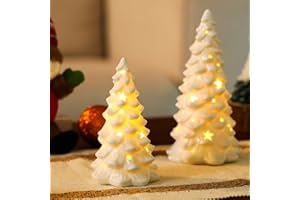 HOMCDALY Ceramic Christmas Tree, 2 PCS White Small Christmas Tree with Lights, Mini Christmas Tree for Christmas Décor, Tabletop Xmas Tree Figurines, Christmas Decorations（Ceramic）