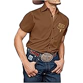 BEAUDRM Men's Vintage Western Cowboy Shirt Graphic Button Down Shirts Short Sleeve Summer 70s Hippie Top Cowboys Costume