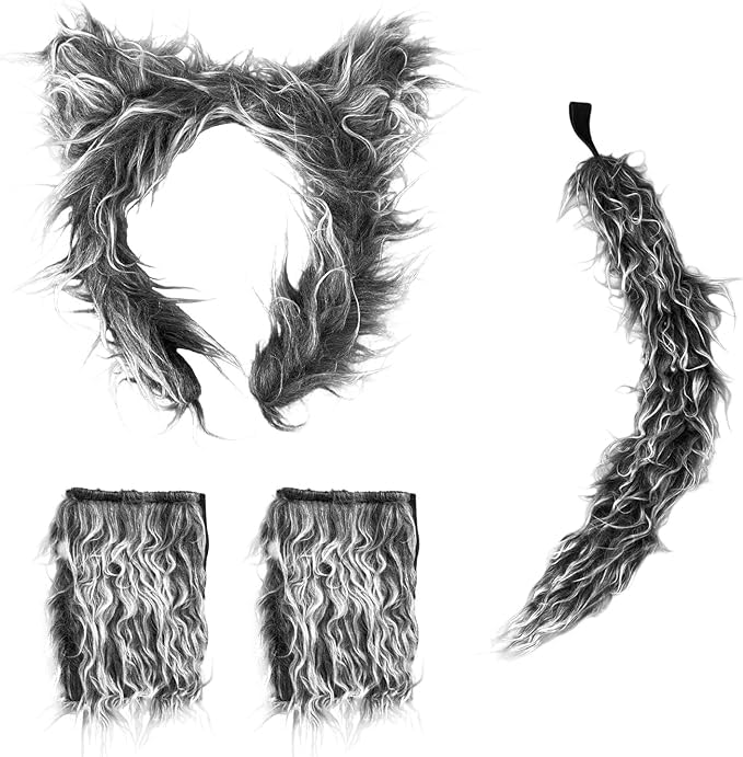 mefound 4Pcs Wolf Costume Accessory Set - Cute Animal Ears Tail and Gloves Cosplay Costume Accessory Fancy Dress Party