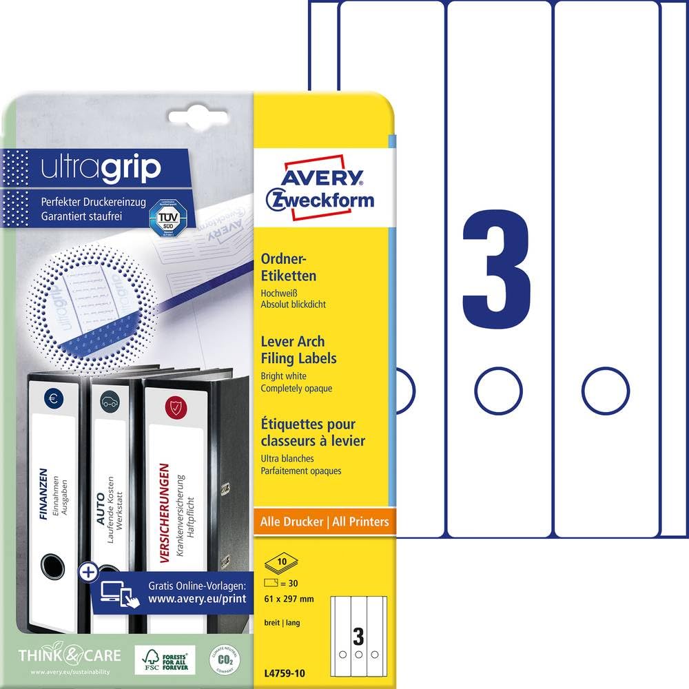 Avery Dennison Avery Zweckform L4759-10 File Labels 297x61 mm White 10 Sheets for Inkjet Laser Copy