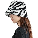 Winter Warm Furry Bucket Hat Zebra Print Faux Fur Hat Plush Fisherman Cap White