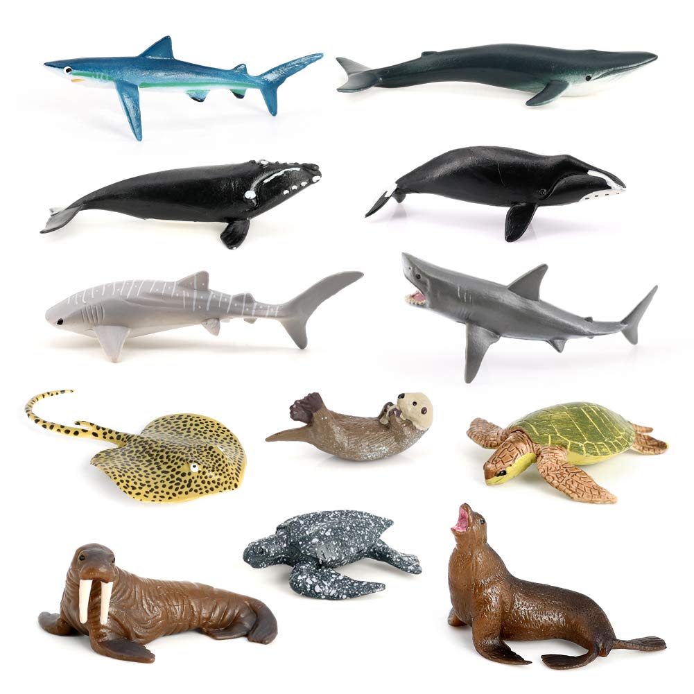 Volnau Mini Sea Creature Toys Figures 12PCS Marine Fish Animal Figurines for Toddlers Kids Birthday Decoration Plastic Preschool Pack Bath Set Great White Shark