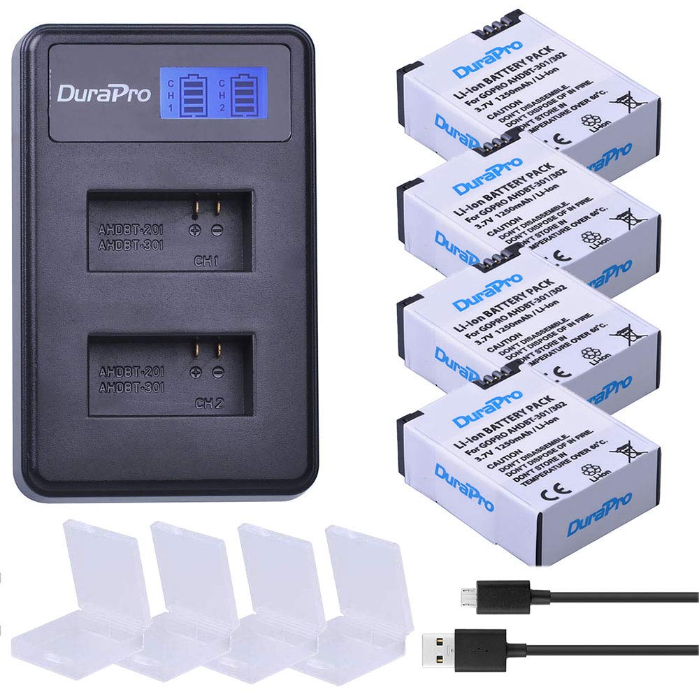 DuraPro 4Pcs 1250mAh AHDBT-301 Battery + LCD Dual USB Charger
