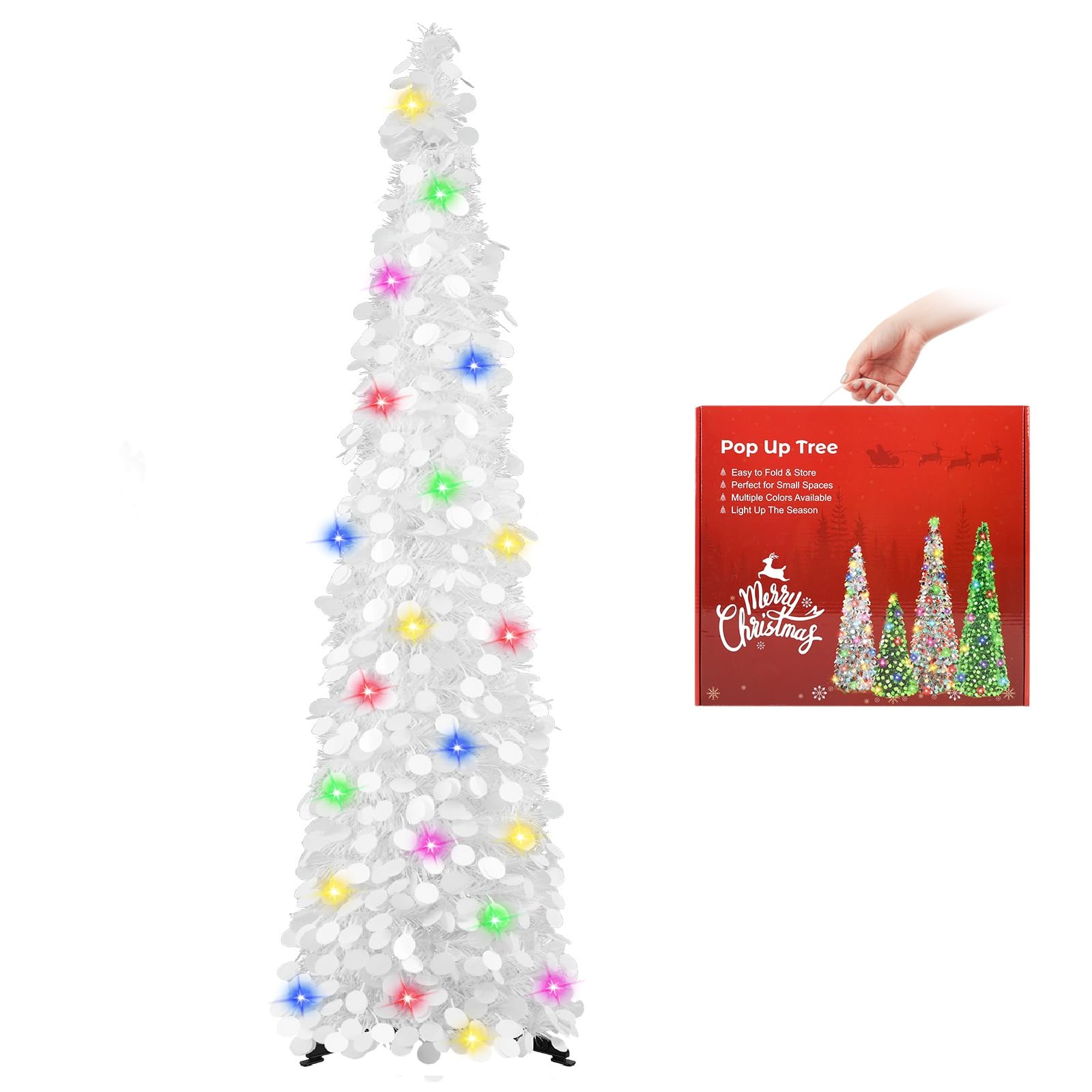 N&T NIETING Christmas Tree, 5ft Collapsible Pop Up White Tinsel Coastal Christmas Tree for Holiday Xmas, Home Display and Office Decorations