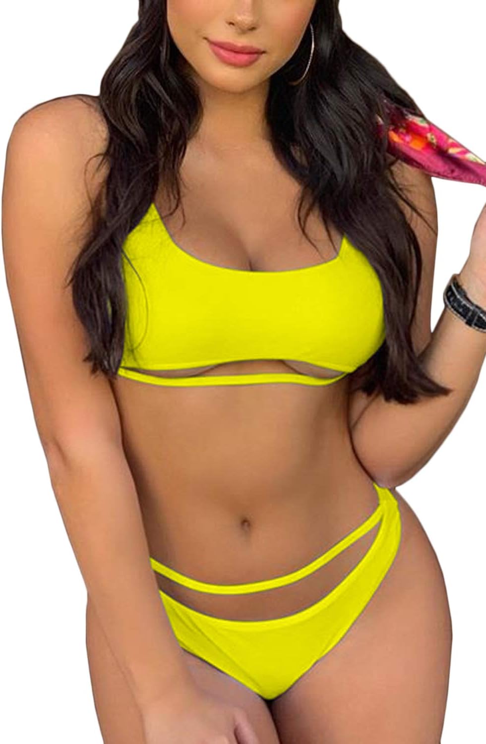 ESONLAR Women's Sexy Strappy Scoop Neck Cut Out High Waist Cheeky Swimsuits Bikini Sets