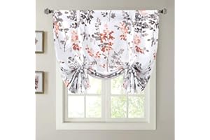 H.VERSAILTEX Blackout Tie Up Curtain - Thermal Insulated Balloon Curtain for Small Window Kitchen - Adjustable Rod Pocket Panel, 42" W x 45" L, Floral Pattern in Grey and Coral