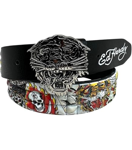 【ellxxxxx】Ed Hardy スタッズ 毛皮 レザー ベルト ED HARDY Men's Skull Tiger Print with Rivet Studs & D-Rings 38mm