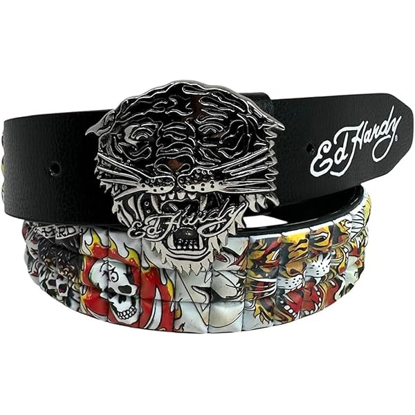 ED HARDY Men's Skull Tiger Print with Rivet Studs & D-Rings 38mm