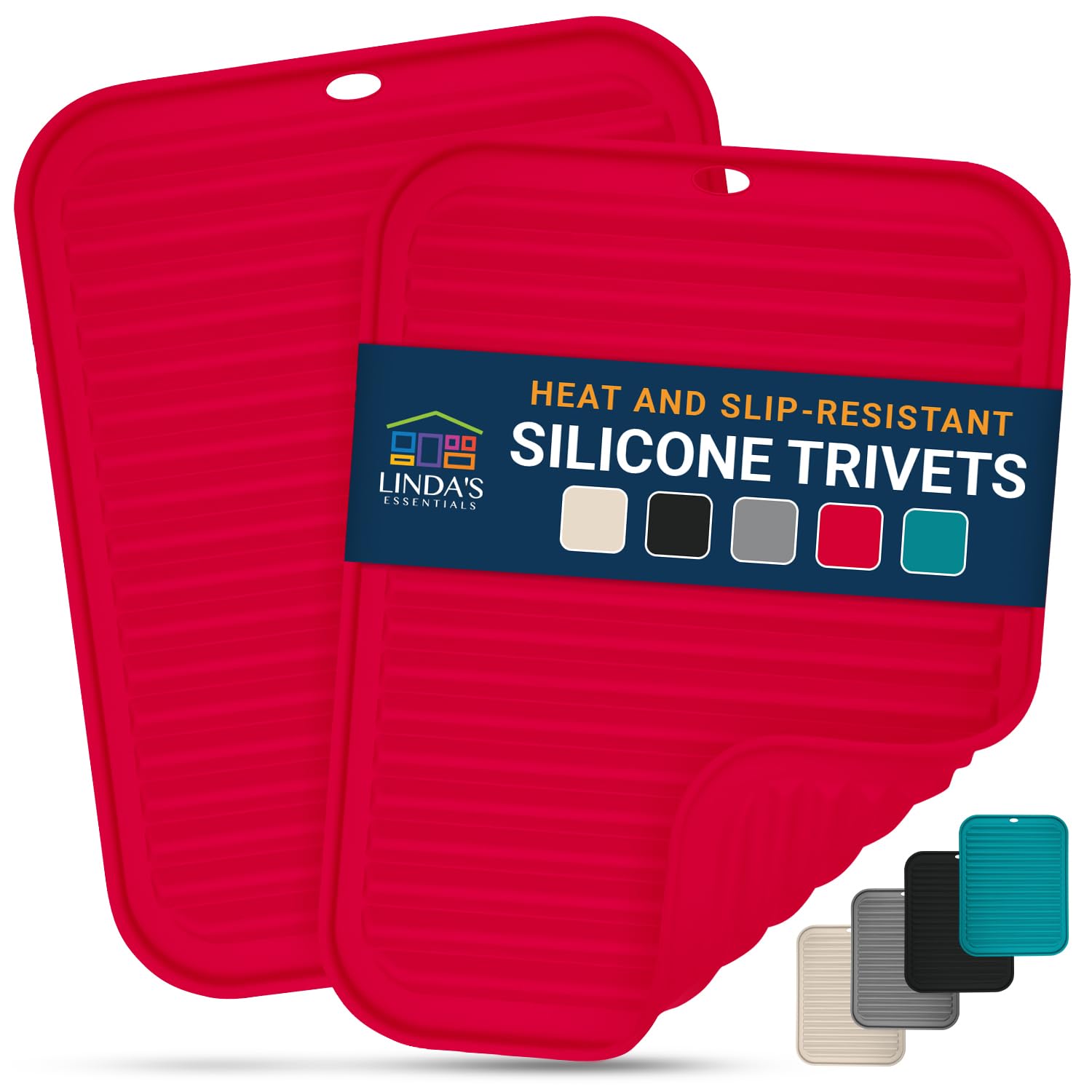 Linda's Essentials Silicone Trivets for Hot Pans and Pots (2 Pack) - Multipurpose Silicone Heat Resistant Mat and Pot Holder Trivet (30 x 23cm) - Heatproof Mats for Kitchen (Red)