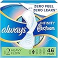 Always Infinity Feminine Pads for Women, Flexfoam Pads with Wings, Size 2, Heavy Absorbency, Unscented, 46 Count