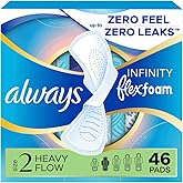 Always Infinity Feminine Pads for Women, Flexfoam Pads with Wings, Size 2, Heavy Absorbency, Unscented, 46 Count