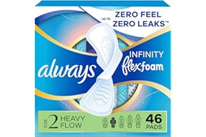 Always Infinity Feminine Pads for Women, Flexfoam Pads with Wings, Size 2, Heavy Absorbency, Unscented, 46 Count