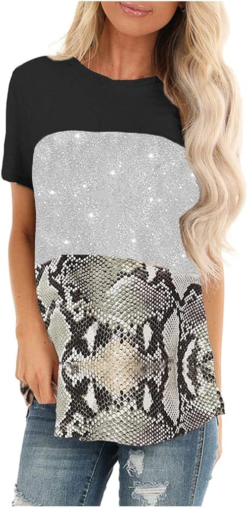 iHHAPY Tunic Tops Women's Round Neck Casual Tee Triple Color Block Blouse Stripe T-Shirt Leopard Patchwork S-3XL