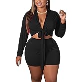 Women 2 Piece Outfits Wide Leg Long Pants Set Front Crop Tops High Waist Tracksuits Long Sleeve Jumpsuits