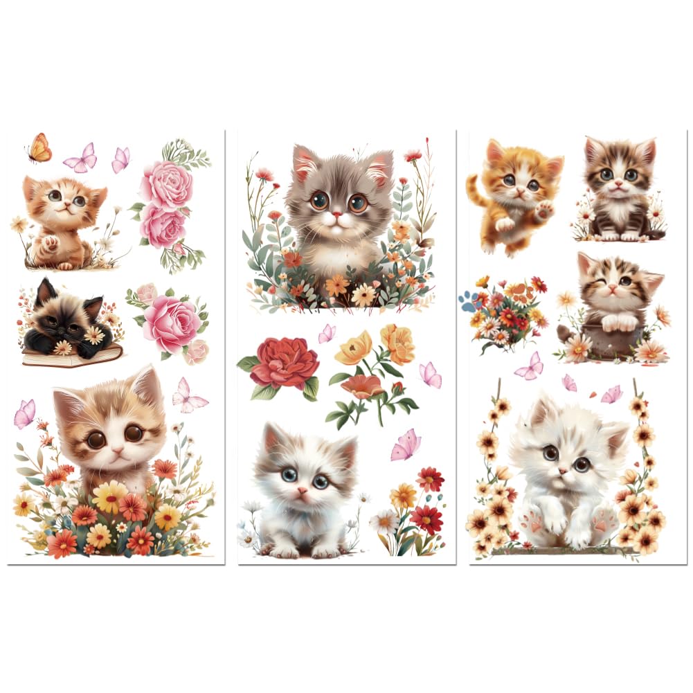 Peacoblue Rub on Transfer Decals for Furniture Crafts 6"x12", 3Pcs Cat and Flower Waterproof UV DTF Transfer Decals Sticker for Dresser Lingerie Chests Drawer Glass Porcelain Wood