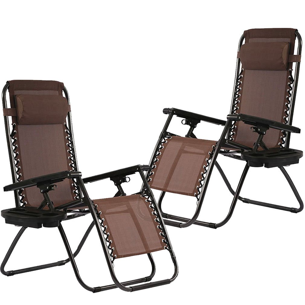 Zero Gravity Chairs Set of 2 with Pillow and Cup Holder Patio Outdoor Adjustable Dining Reclining Folding Chairs for Deck Patio Beach Yard (Brown) Image
