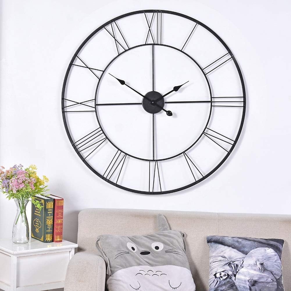 HJWL Wall Clock Black Wrought Iron Retro Style Living Room