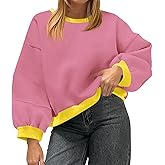 Fisoew Womens Oversized Sweatshirts Crewneck Long Sleeve Pullover 2025 Cute Color Block Casual Fleece Y2k Cropped Tops