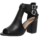 Peep Toe Heeled Sandals for Women Open Toe Side Cutout Chunky Heels Adjustable Ankle Buckle Summer Booties US5-11