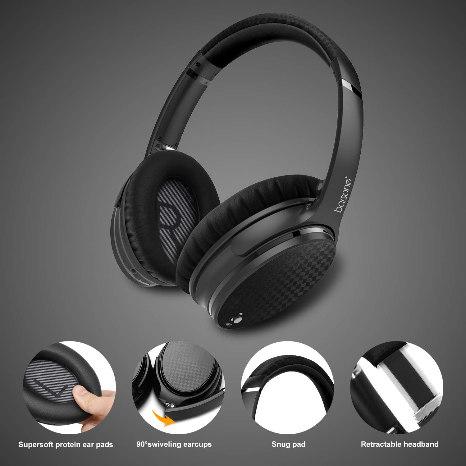 Active Noise Cancelling Headphones Bluetooth, barsone ANC Over Ear Hi-Fi Stereo Wired and Wireless Headphones with Case (Black)