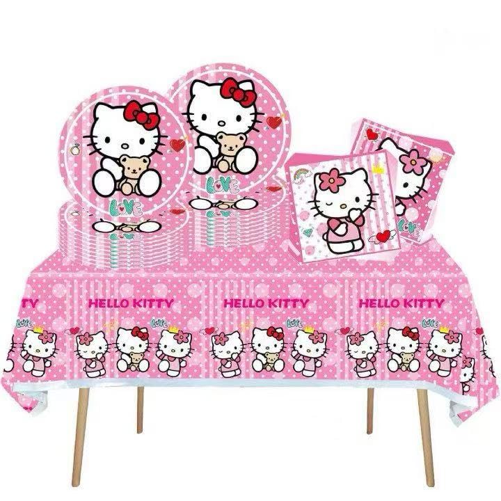 Photo 1 of 41PCS Kitty Birthday Party Supplies Set: 20 Plates, 20 Napkins, 1 Tablecover - Perfect for Girls' Birthday Parties, Family Gatherings & Kids' Celebrations, Ideal Table Decor & Party Favors